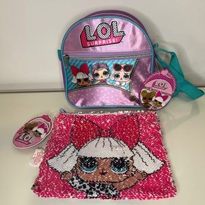 LOL Surprise Sequin Pencil Case And Cross Body Purse Mini Backpack Pink Girls